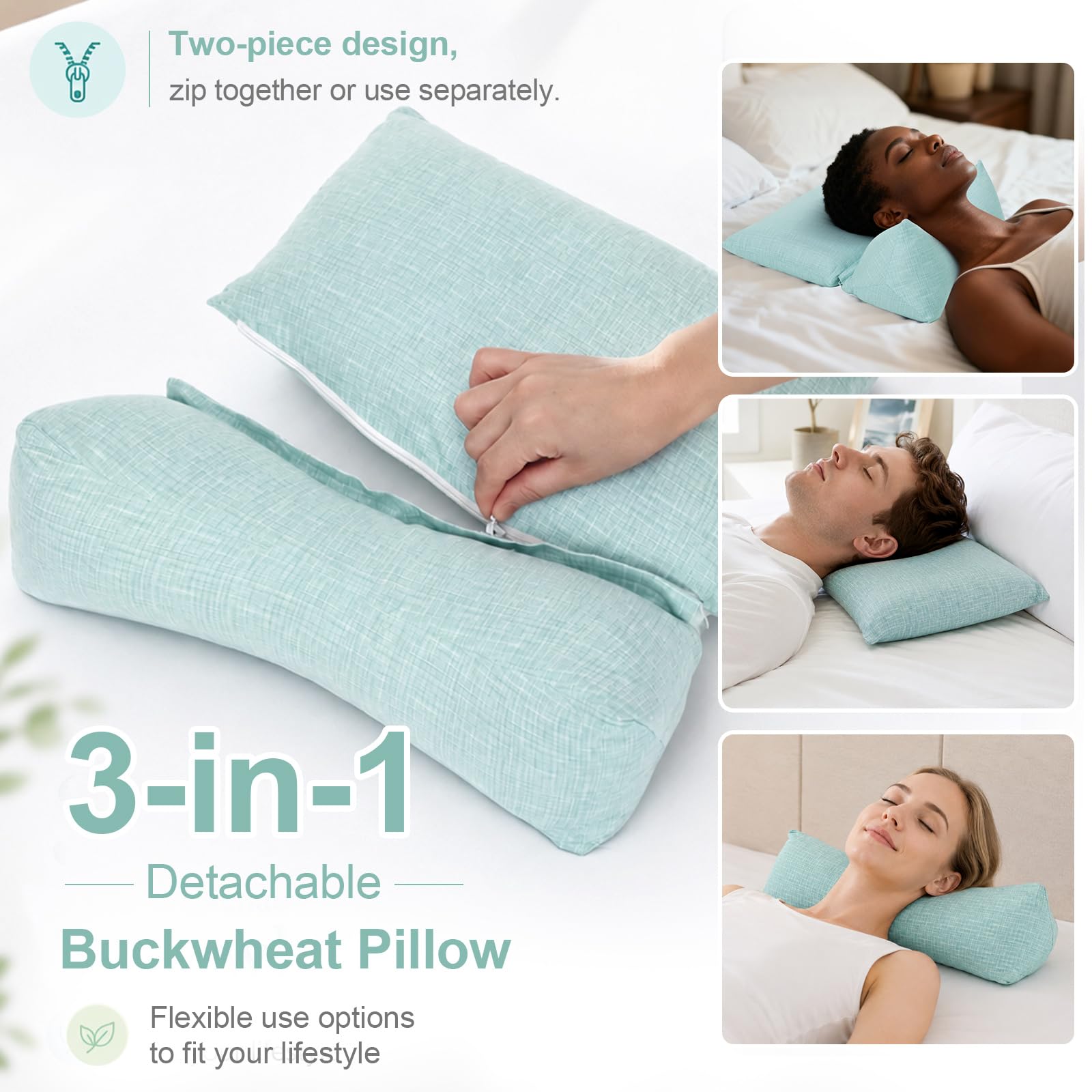 vocheer Almohada desmontable 3 en 1 de trigo sarraceno para dormir, 45,7 x 35,5 cm, almohada cervical para aliviar el dolor, altura y firmeza ajustables, apoyo firme para personas que duermen de