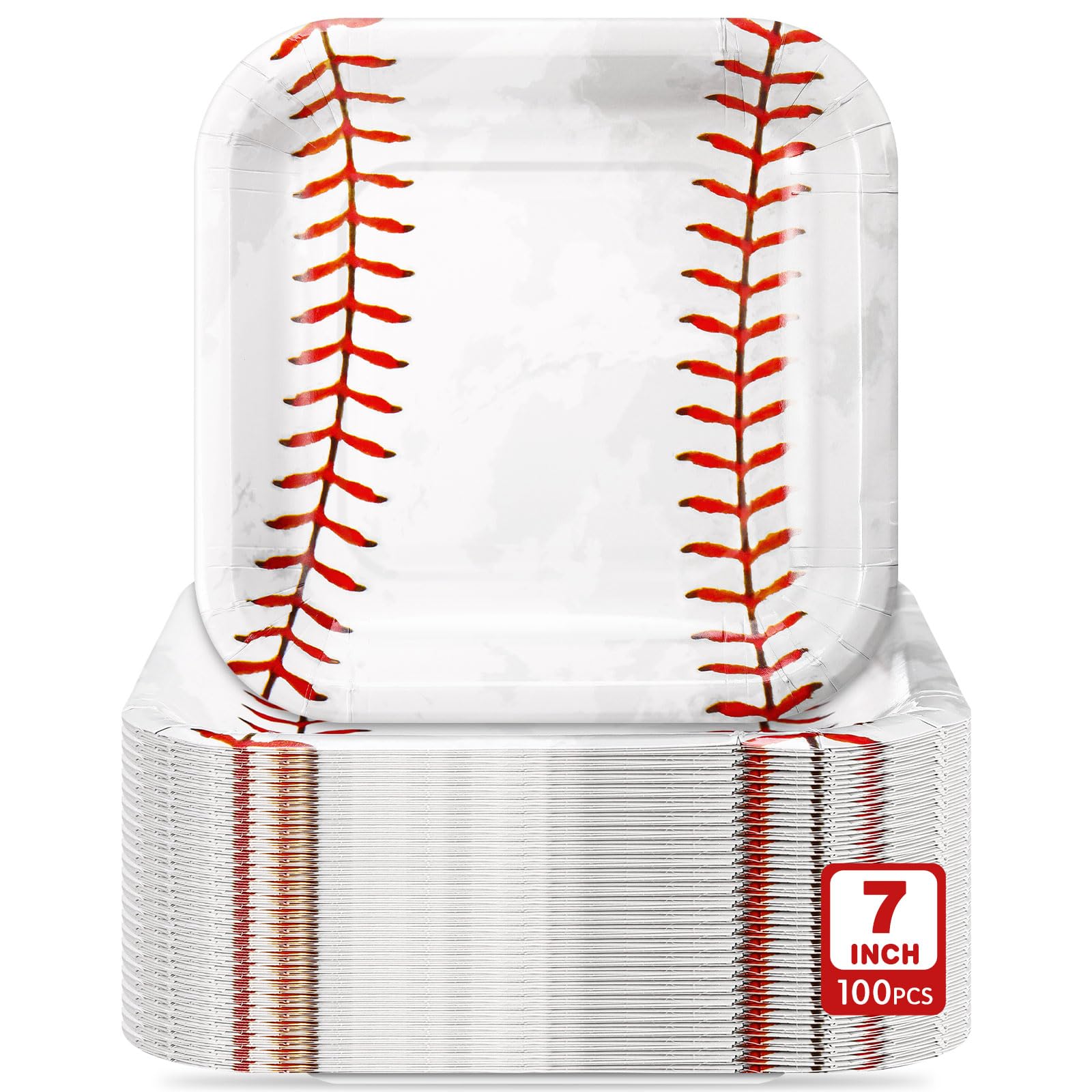 Potchen 100 Pcs Vintage Baseball Paper Plates Bulk 7 x 7 Inch Baseball Birthday Party Supplies Disposable Square Paper Plates for Birthday Boys Baby