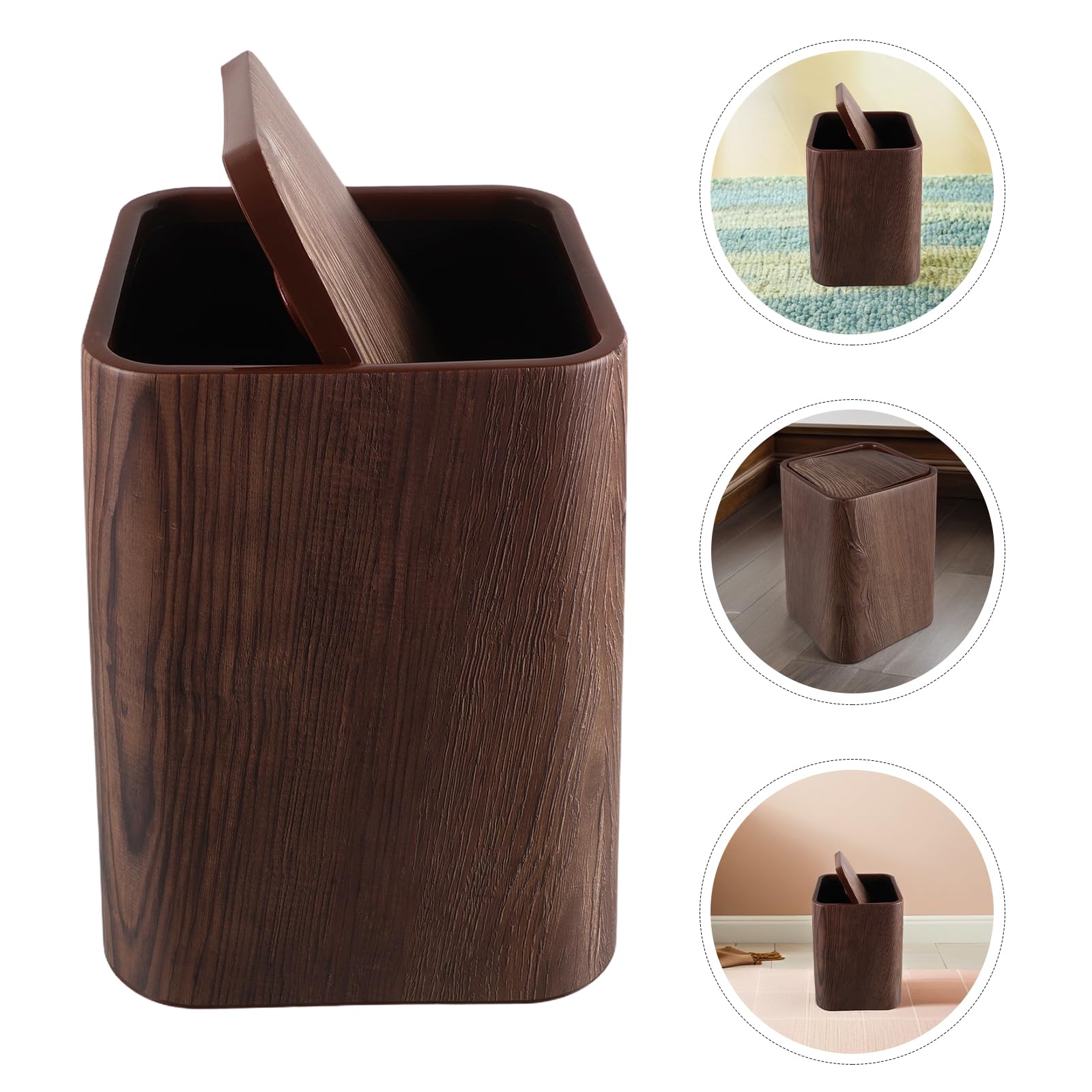 EXCEART Cubo de Basura Rectangular y Antivuelco con Tapa Abatible de Plástico Fácil Mantenimiento y Diseño Imitación Madera para Dormitorio y Oficina Elegante