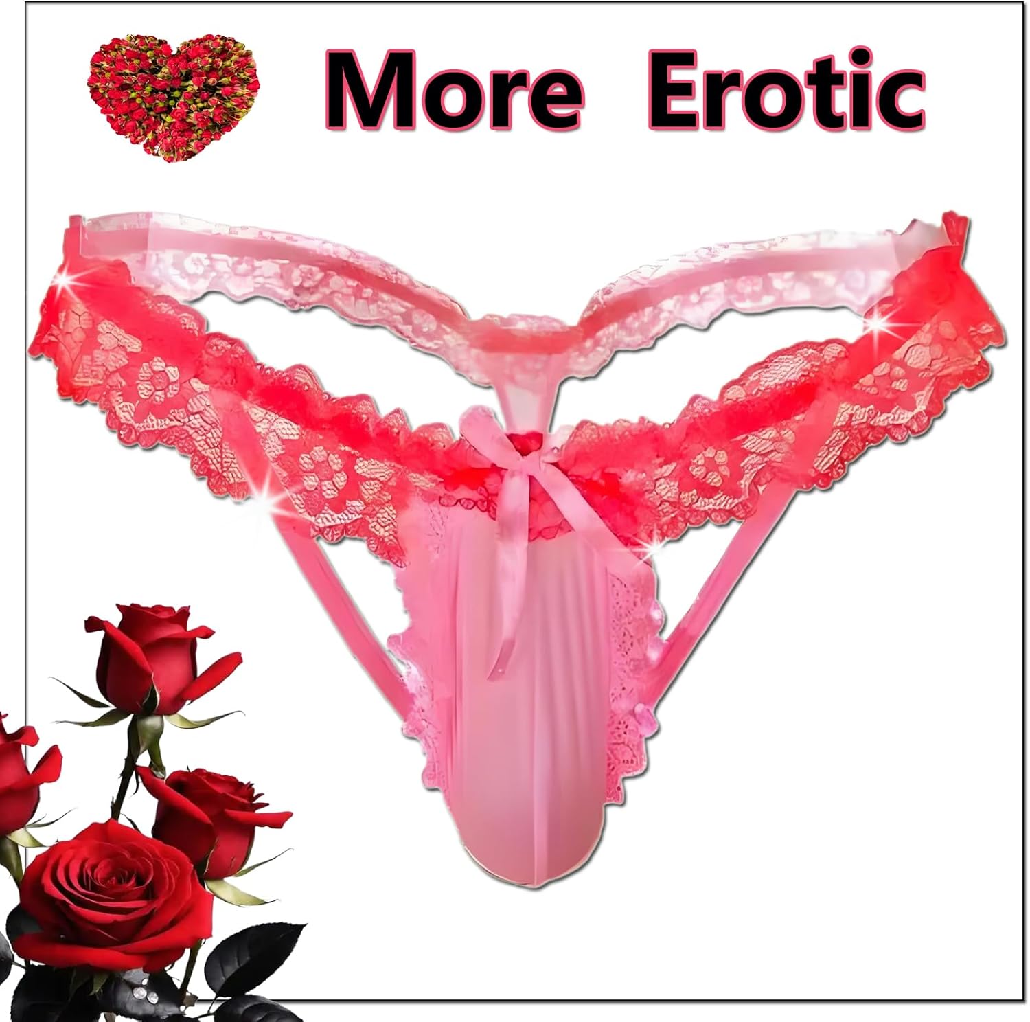 Men's Lace Frilly Sissy Panties Pouch Thong, Feminine G string Underwear For Men Sexy Gay Lingerie Crossdresser Pink - Image 3