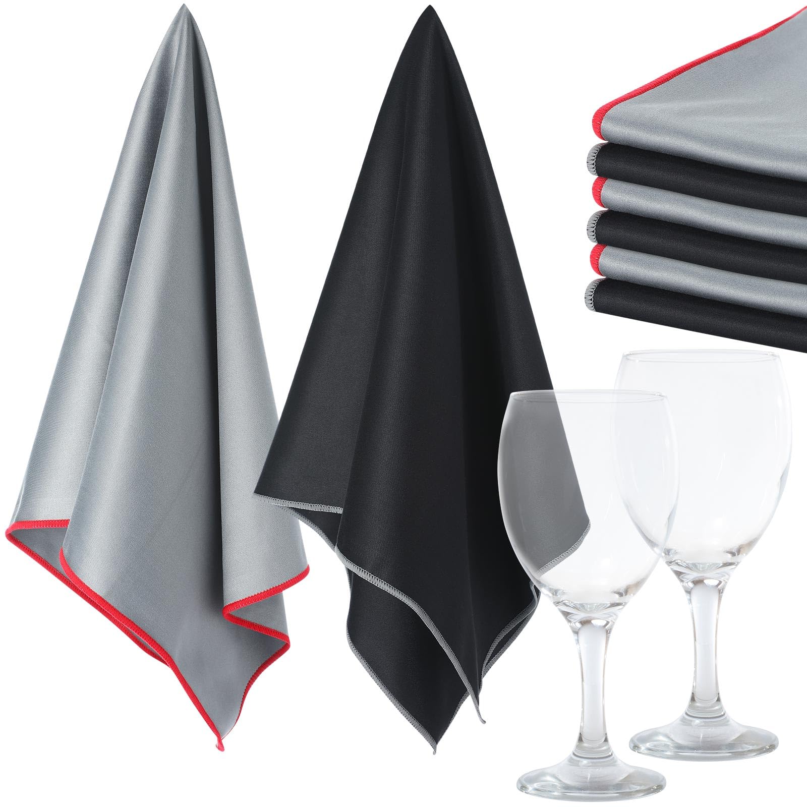 VitalCozy 6 paños de limpieza grandes de microfibra de 25 x 20 pulgadas, toallas sin pelusa para secar copas de vino, limpieza de ventanas, platos, cristalería (negro, gris)