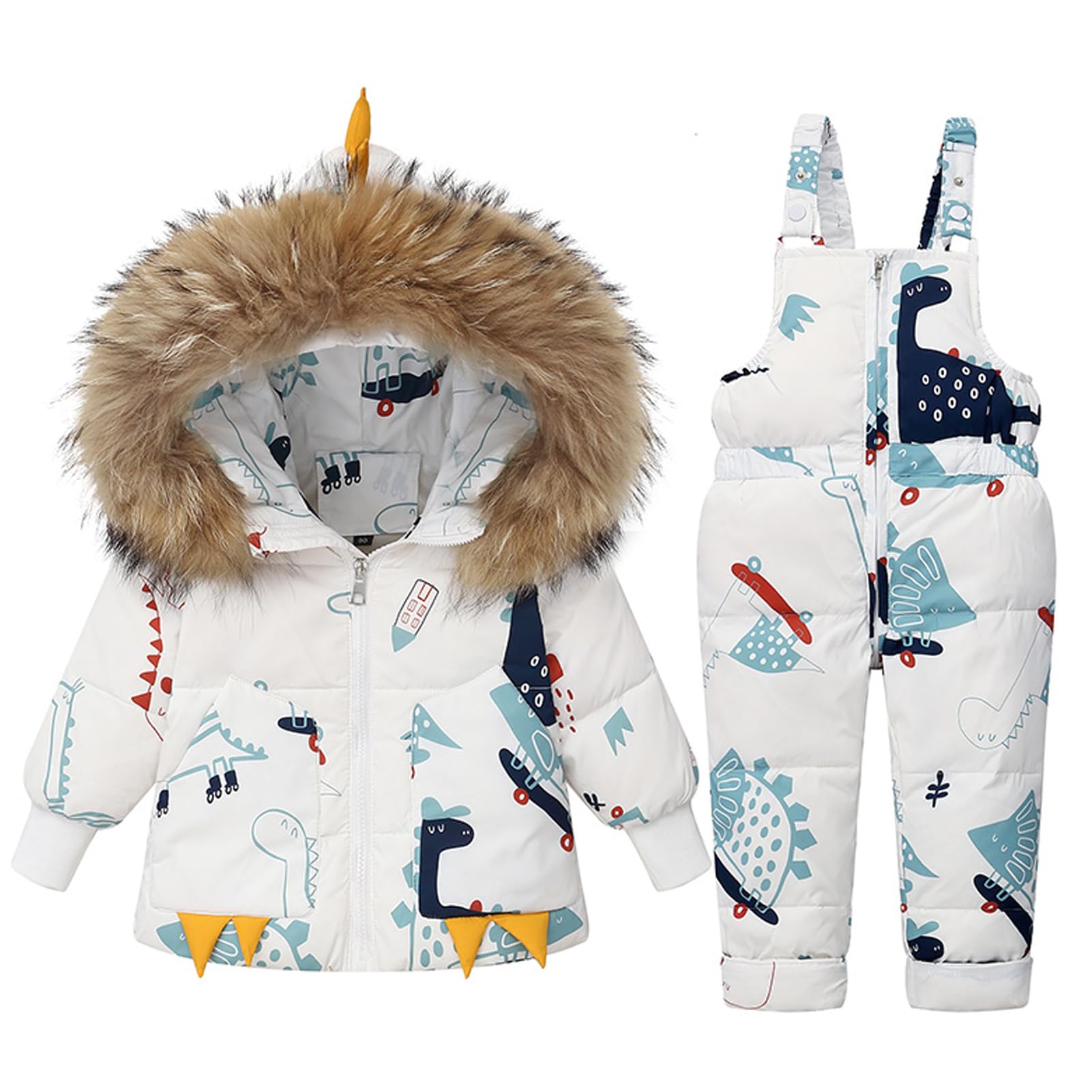 BRONG Bambino Tuta da Neve Inverno 2 Pezzi Vestito Impostato, Bambini Giù Giacca con Cappuccio e Nevicare Bavaglino Pantaloni Dinosauro Cartone Animato Tuta da Sci Impostato