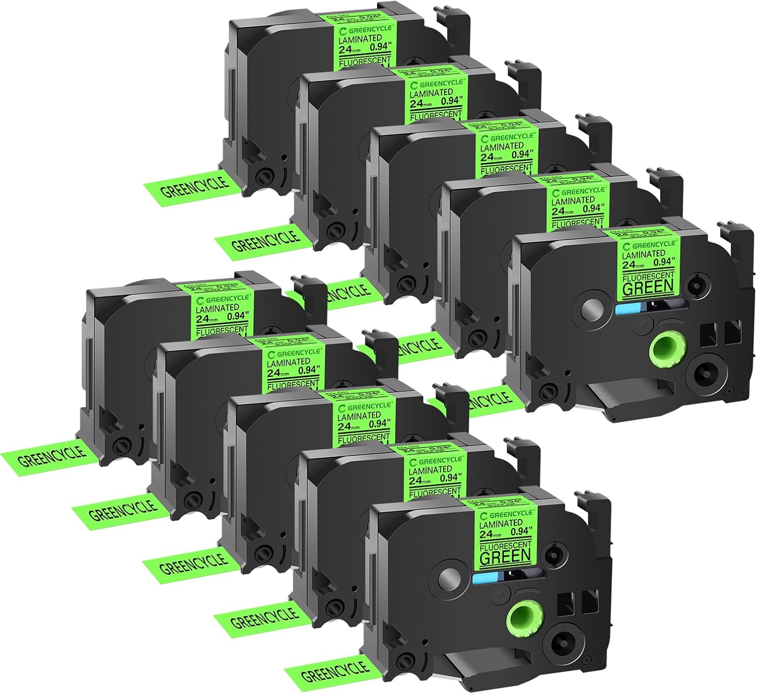 GREENCYCLE Compatible for TZ TZE D51 TZe-D51 AZE-D51 0.94 Inch 1" Black on Fluorescent Green Laminated Label Tape 24mm x 5m for PT-2210, PT-P750W, PT-1600, PT-D600, PT-P700, PT-P710BT, 10 Pack
