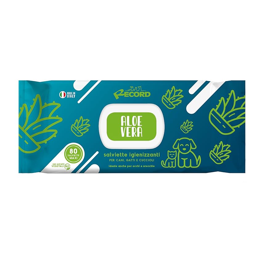 Record salviette igienizzanti umide per cani e gatti. Salviette cane e salviette gatto. Confezione 80 pezzi. Salviettine per animali per pelo zampe muso ed occhi. Rispettano cute e pH. Aroma Aloe Vera