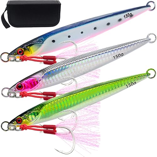 Miniatura 8 de Gefischtter 3 piezas de plantillas de pesca verticales de agua salada, cuchara de jigging de metal, velocidad rápida de mar profundo, señuelos de