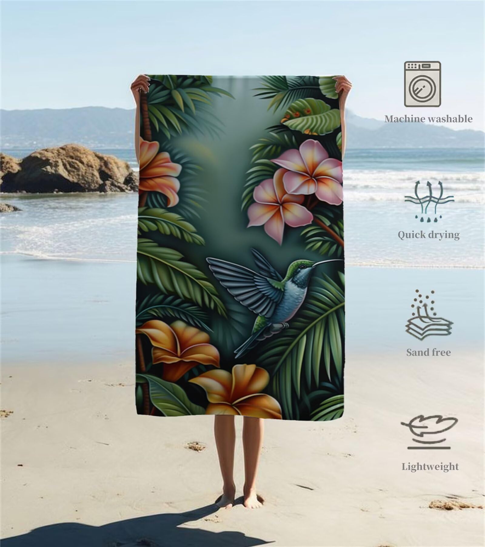 Ręcznik z mikrofibry, kwiaty, ręcznik plażowy XXL, 220 x 100 cm, chłonny i szybkoschnący ręcznik do sauny z gumką, antypoślizgowy, do łazienki, na podróż, do pływania, Y1-950