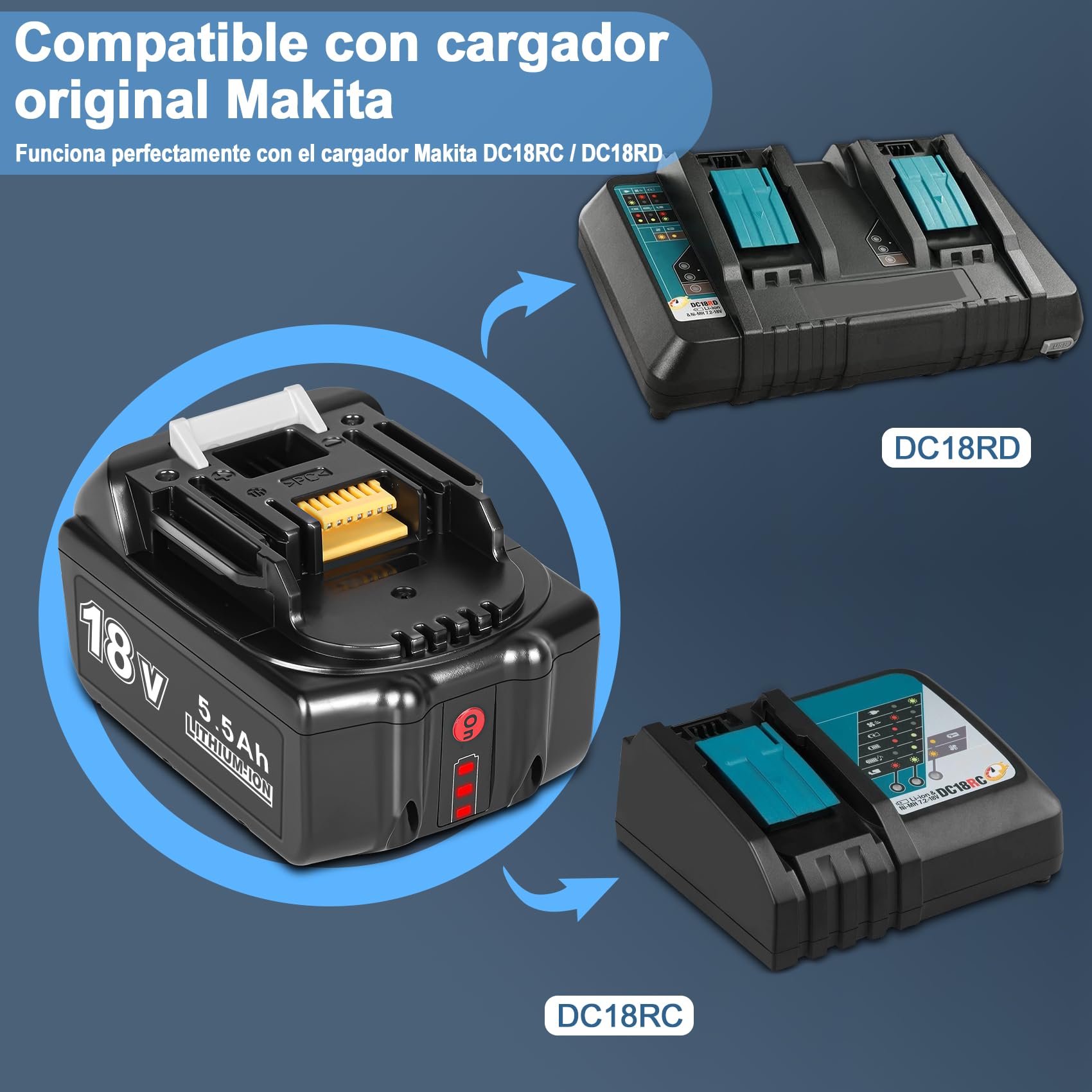 2Pcs 18V 5.5Ah BL1860B Batería de Repuesto para Makita 18V Batería | lithium bateria para makita 18 volt BL1850 BL1860 BL1860B BL1850B ,con Indicador LED, Recargable，Protección inteligente