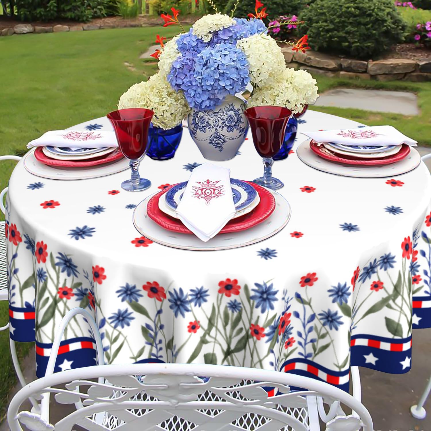 4th of July Round Tablecloth 60 Inch, Independence Day Tablecloth Memorial Day Table Cover American Red Blue Floral Decorative Patriotic Table Cover , Summer Seasonal Dinner Party Picnic Decoration