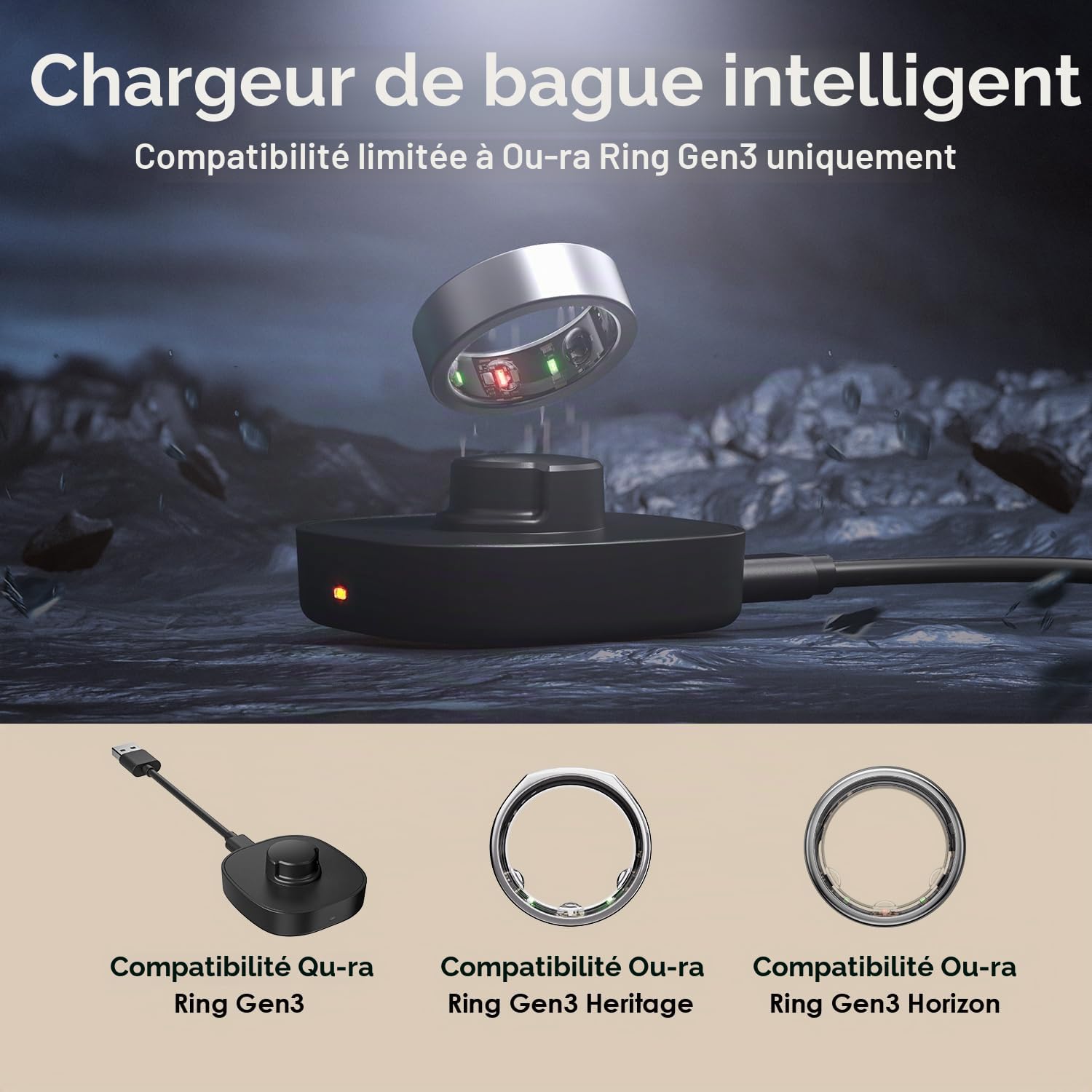 Chargeur Anneau connecté, Compatible avec Le Oura Ring Gen3, la Station de Charge Rapide et Le câble USB-C, Chargeur pour Smart Ring Taille 6/7/8/9/10/11/12 (9)