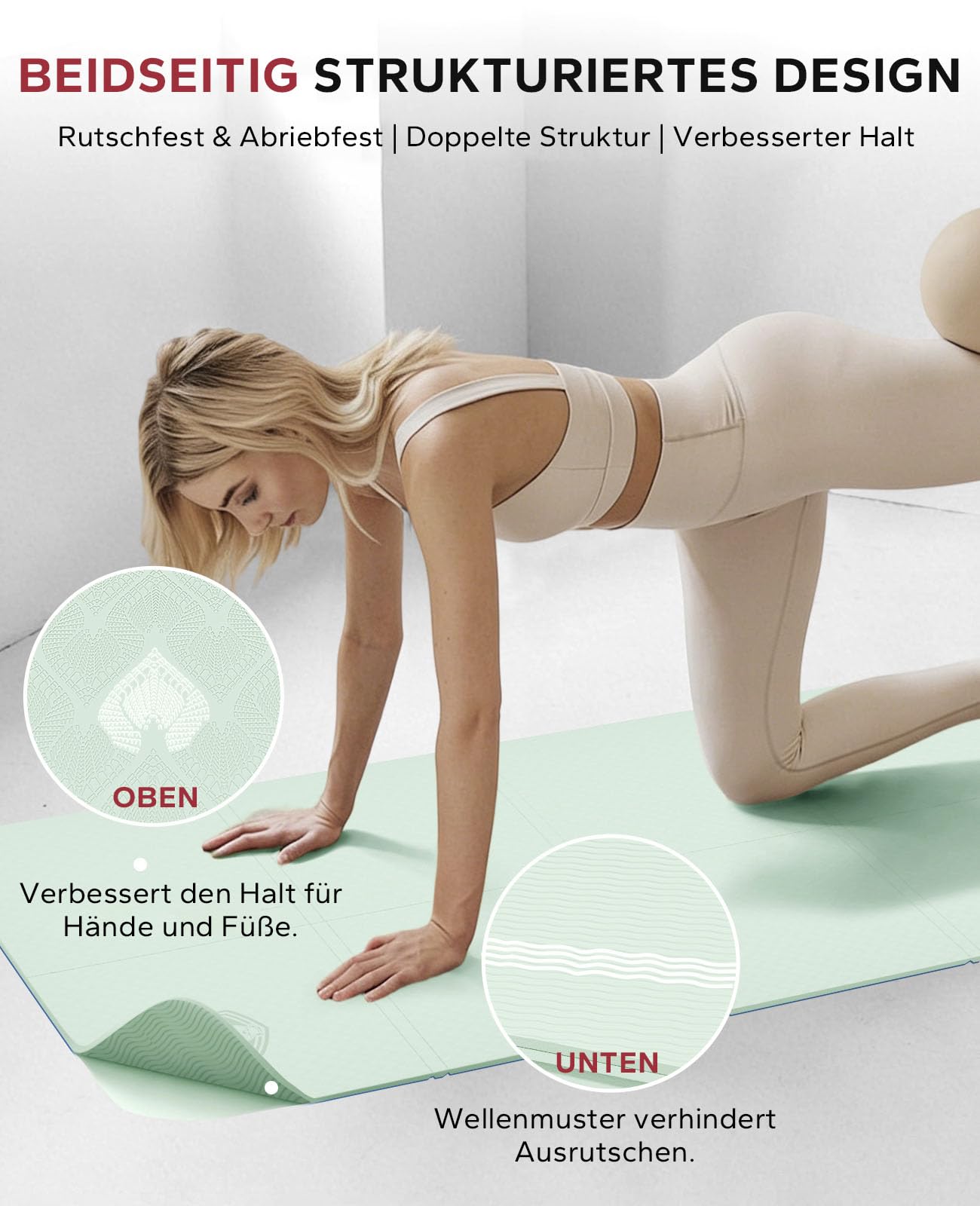 HAPBEAR Reise Yogamatte faltbar 183x61x0,6cm – rutschfeste TPE Yogamatte klappbar mit Tragetasche, leicht & platzsparend für Yoga, Pilates, Fitness & Home Workout