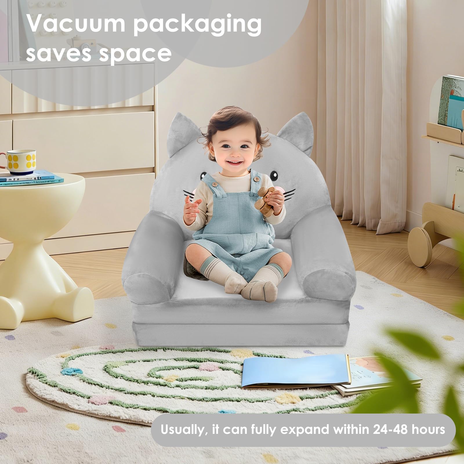Kindersofa Ausklappbar 2 in 1 Spielsofa für Kinder,Kindersessel mit Schlaffunktion,Weich & Robust Mini Couch,Umwandelbares Liegestuhl zum Spielsofa Kinder Sessel ab 1 Jahren(Graue Katze)