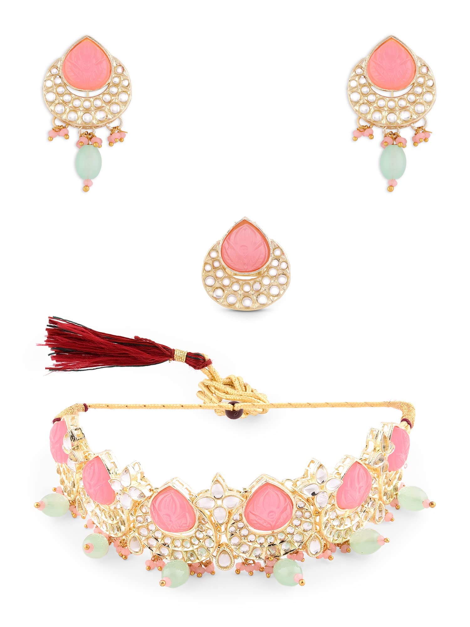 See full amazon price history chart for ZAVERI PEARLS Pink & Green Kundan Choker Necklace Earring & Ring Set For Women-ZPFK14431 ZAVERI PEARLS Pink & Green Kundan Choker Necklace Earring & Ring Set For Women-ZPFK14431 (B0B6RKD582) Amazon Price History, Amazon Price Tracker