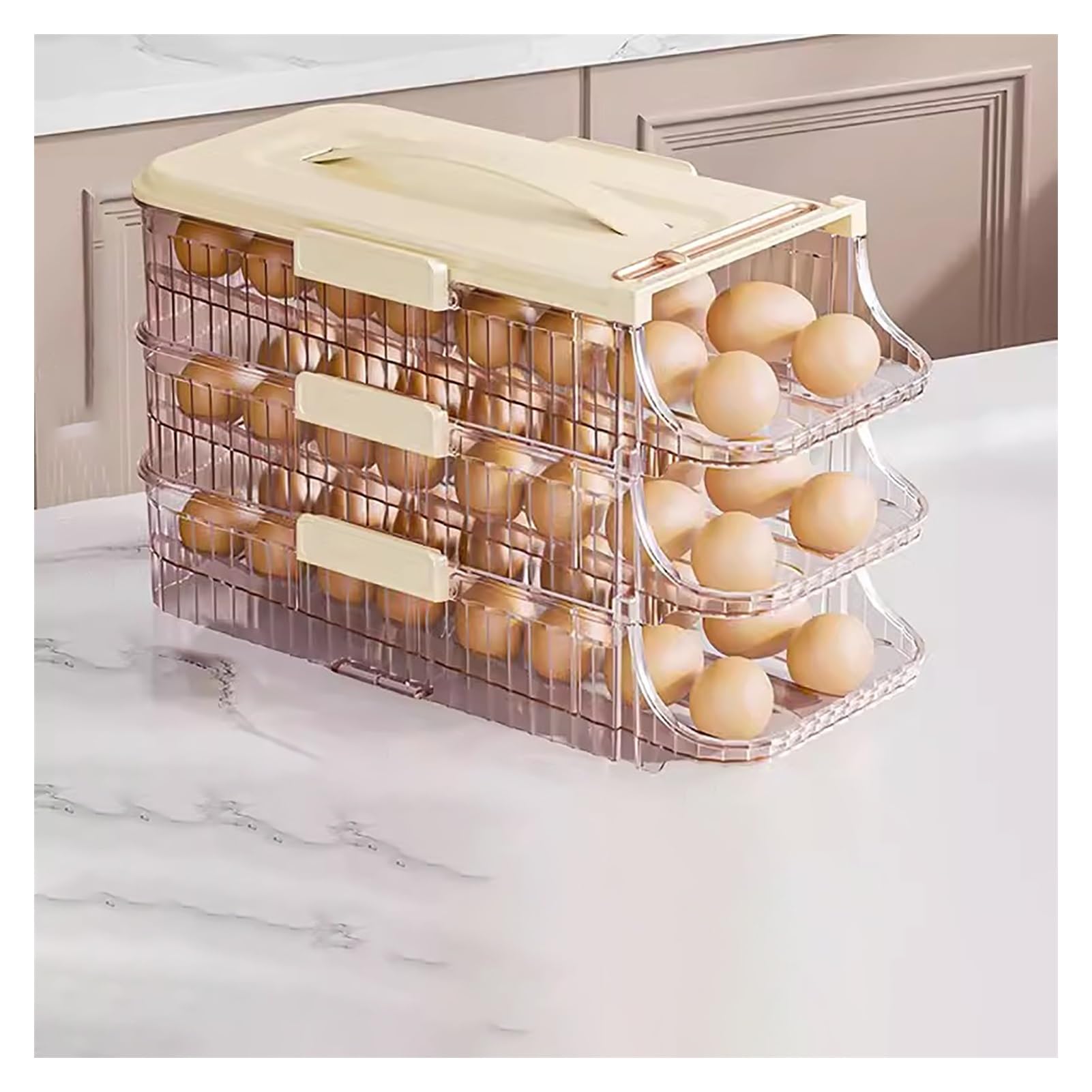 Contenedor y bandeja de plástico transparente for huevos, estante for almacenar huevos de 1, 2 o 3 niveles, dispensador de huevos apilable con tapa resistente(Holder 48 Eggs-32x16.7x19.6cm)