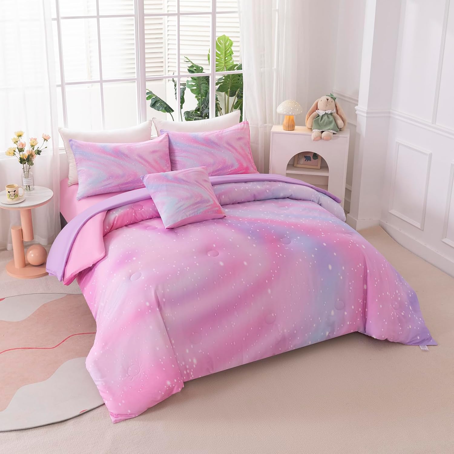 6Pcs Pink Comforter Set Full for Kids Girls, Pink Art Tie Dye Bedding Sets with Sheets, Bed in A Bag Full(1 Comforter, 1 Flat Sheet, 1 Fitted Sheet, 1 Cushion Cover, 2 Pillowcases) - Image 2