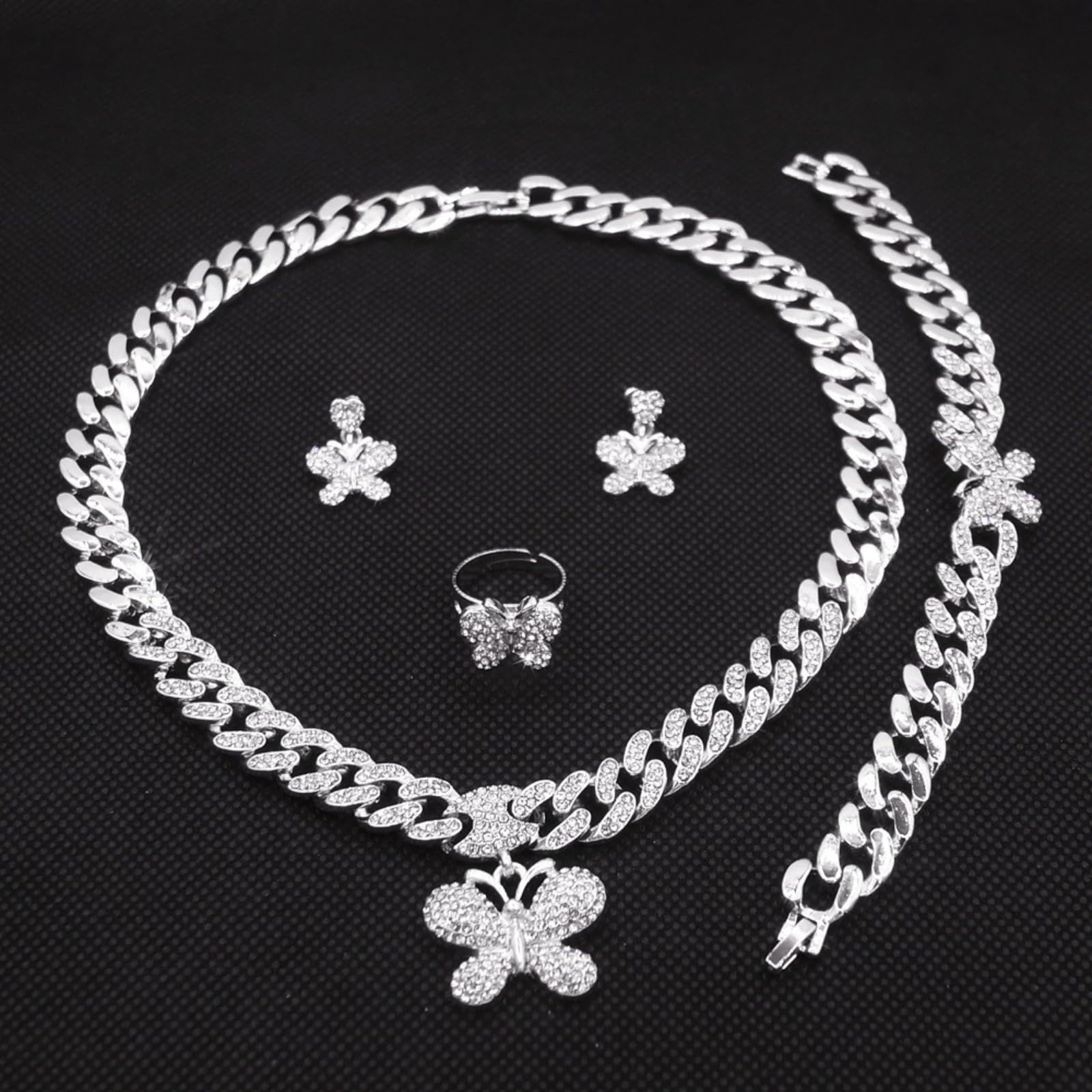 4 pcs Sparkling Crystal Bridesmaid Brides Bijoux Bijoux pour Femmes Collier Boucles d'oreilles Ring Adjustable Women's Wedding Part