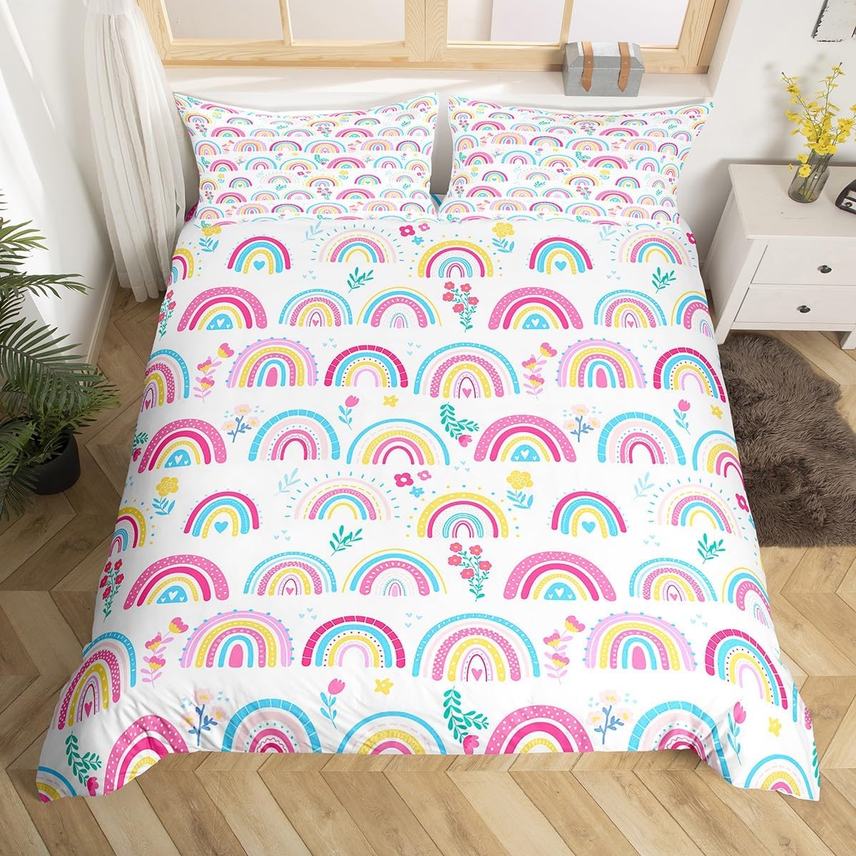 Cartoon Rainbow Duvet Cover Set Full Size,Loving Heart Flowers Leaves Boho Bedding Set,Girls Boys Women Room Decor,Valentine's Day Romantic Comforter Cover,Colorful Cute Quilt Cover,2 Pillowcases