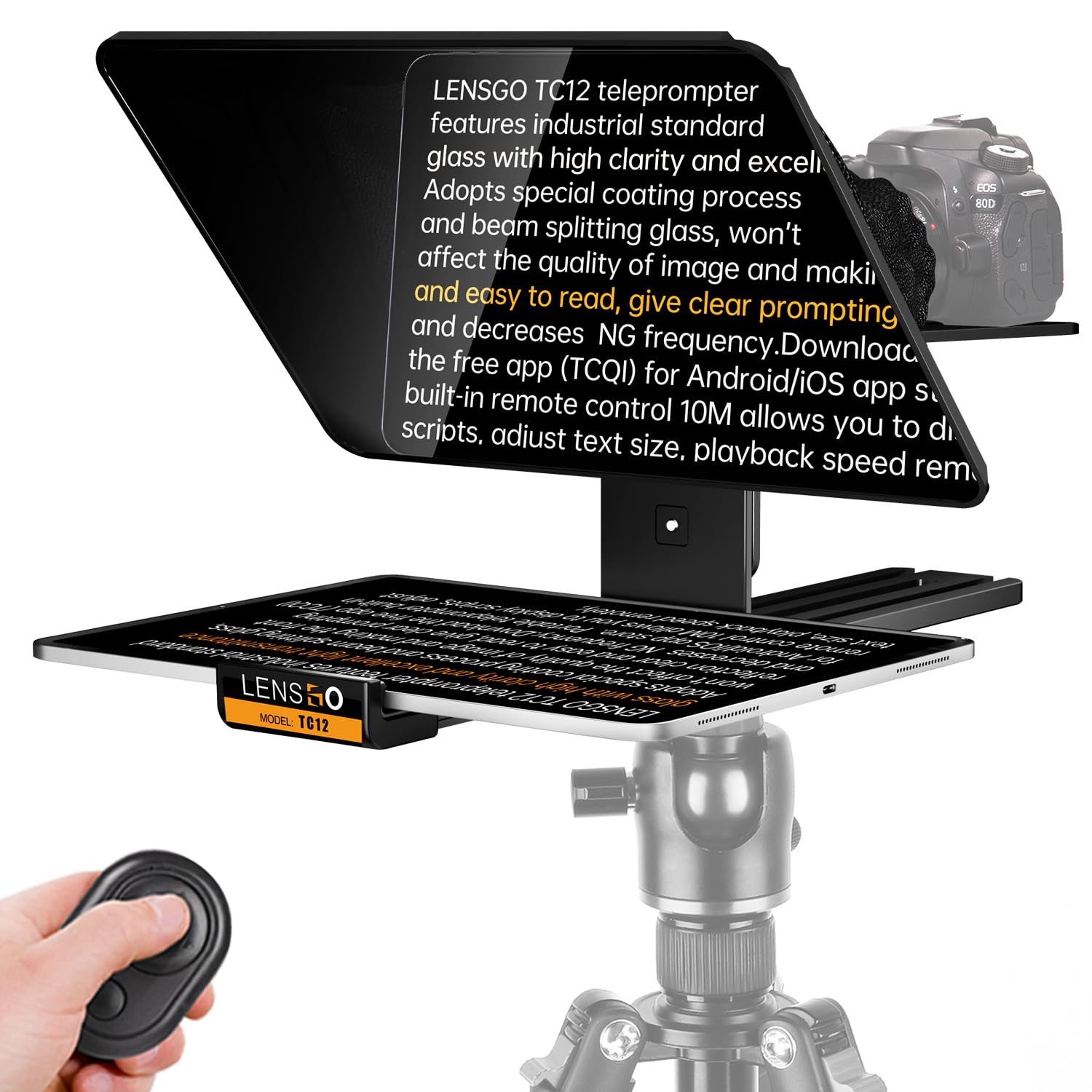 LENSGO TC12 12.9” Teleprompter for Camera iPhone iPad Tablet Smartphone DSLR with Remote Control,APP Compatible with iOS/Android for Vlogger,Video, Live Streaming, Interviews,Online Teaching