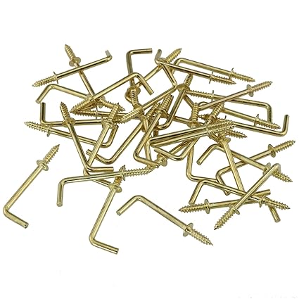 YHXiXi 50PCS 1-1/4 Inch L Shape Hooks Self-Tapping Screws L Shape Hooks Right Angle Hook Fixed Cup Hook Metal Right Angle Hook 7 Shape Right Angle Medal Hooks for Home Workplace Office, Brass
