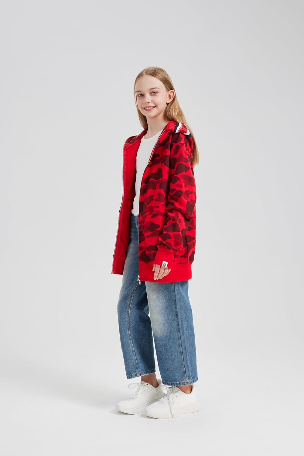 Camouflage shark jacket men's fall and winter cardigan zipper embroidery hooded sweater large size couple models (US, Alpha, 3X-Large, Regular, Regular, Red)