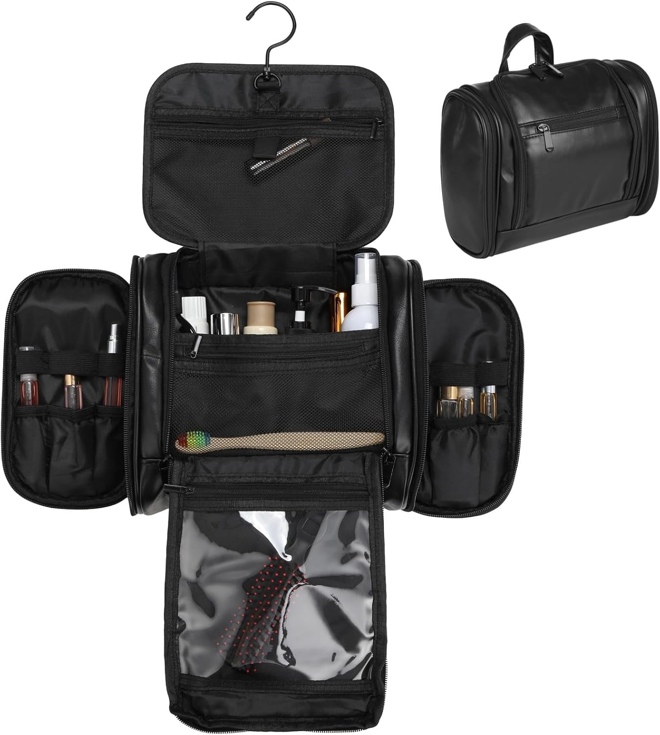 Large Toiletry Bag for Men, PU Leather Travel Bathroom Organizer with Swivel Hook, Zippered Hygiene Storage Case for Shaving Kit, Grooming Essentials, Shower Accessories