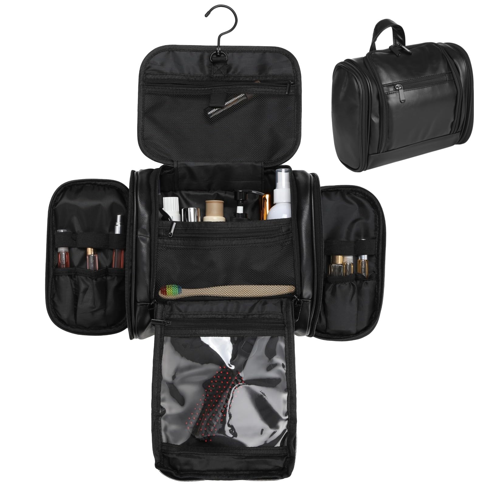 Neceser colgante para hombre, organizador grande de piel sintética con gancho giratorio, estuche de almacenamiento de higiene con cremallera para kit de afeitado, artículos esenciales de aseo