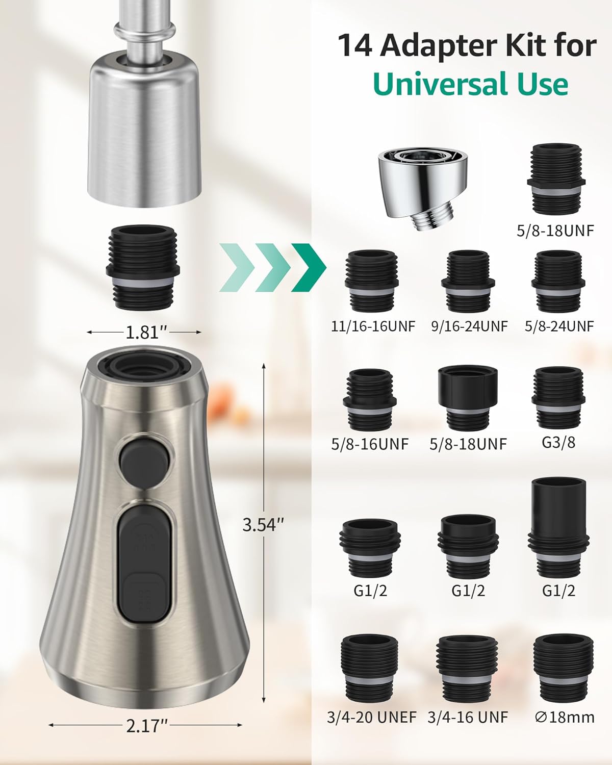 Mbillion Universal Brushed Nickel Kitchen Faucet Sprayer Head Replacement, 3 Function ABS Sink Faucet Head, Pull-Down Nozzle with 14 Adapters, Compatible with Moen,Delta,Kohler,WEWE American Standard