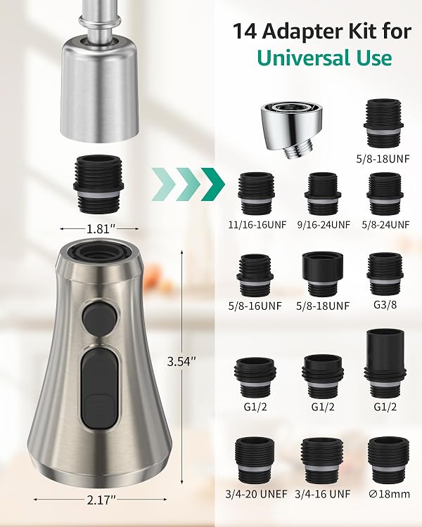 Mbillion Universal Brushed Nickel Kitchen Faucet Spray Head Replacement, 3 Function ABS Sink Faucet Head Pull-Down Nozzle with 14 Adapters, Compatible with Moen, Delta, Kohler, WEWE American Standard by Mbillion - Image 2