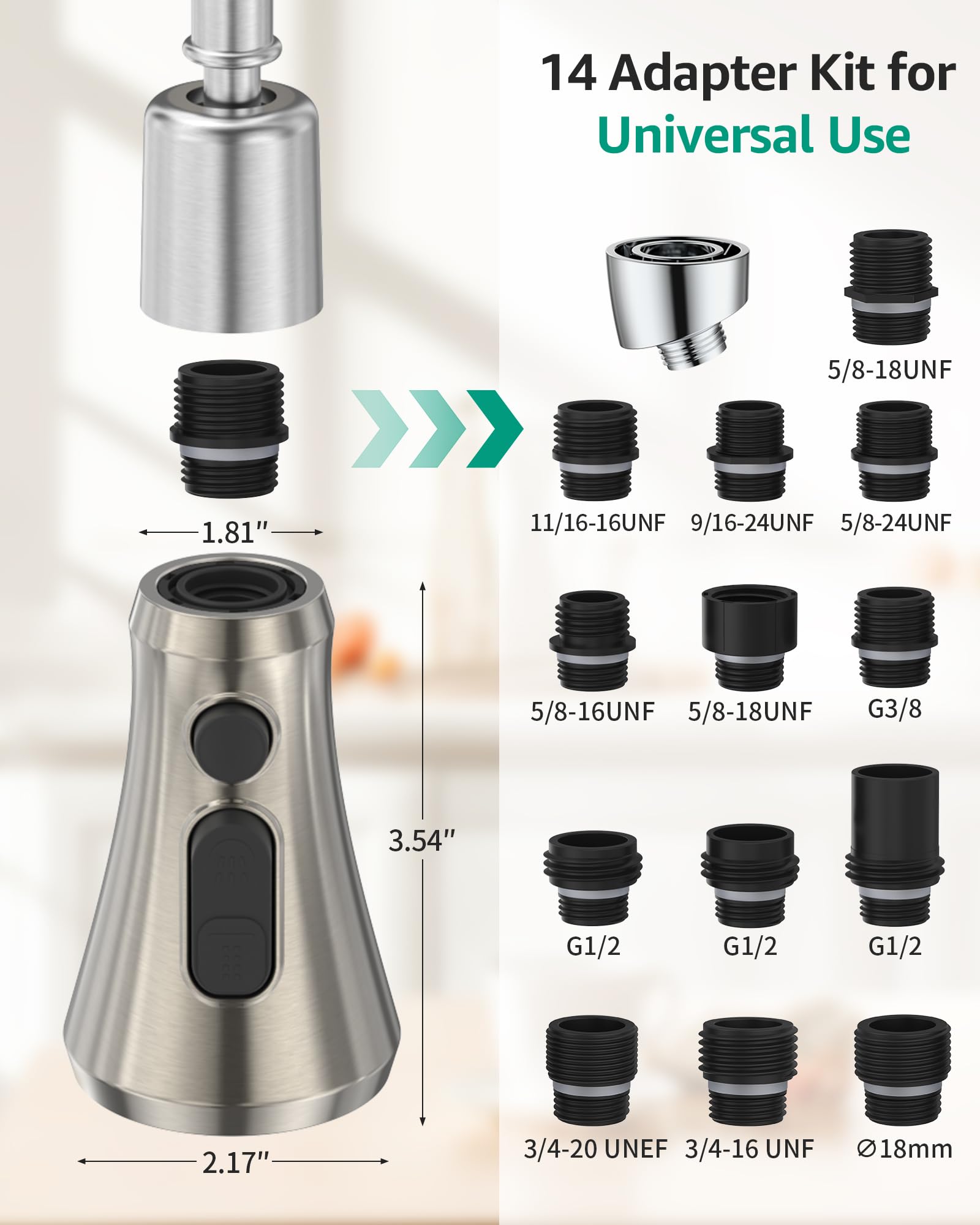 Mbillion Kitchen Faucet Head Replacement 3 Modes Polished Chrome Pull Down Sprayer Head Replacement with 14 Adapters Kitchen Sink Faucet Head (Brushed Nickel) - Image 2