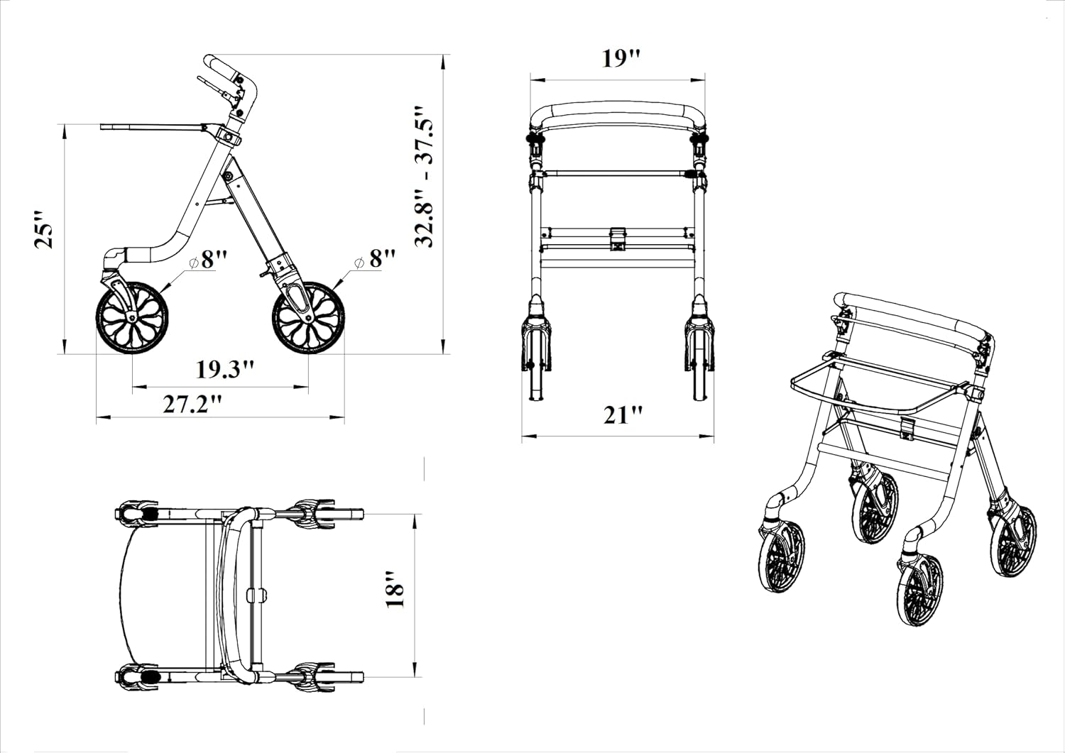 HEALTHLINE Rollator Walker for Seniors - Lightweight 4 Wheel Eldery Walker Heavy Duty - Rollator Walkers for Seniors with Basket & Tray - Narrow Doors Indoor Rollator White Color