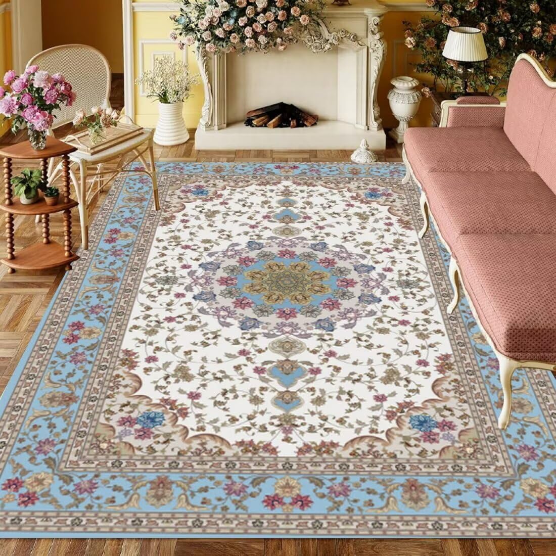 Tapis chambre ado fille blanc imprimé végétal doux
