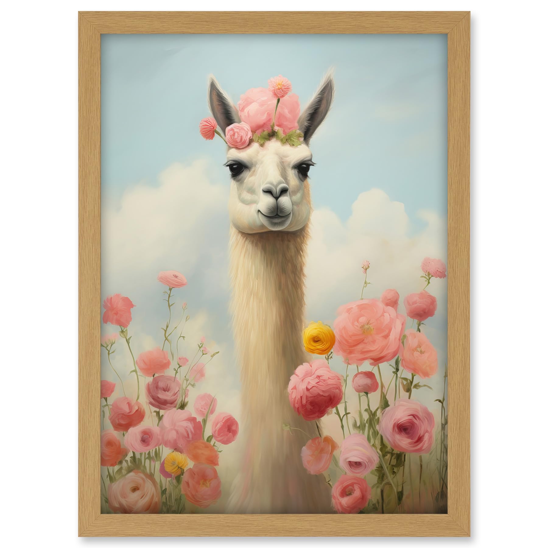 Artery8 Llama and Peonies Pink Elegant Artwork Kids Bedroom Floral Portrait with Roses Artwork Framed A3 Wall Art Print