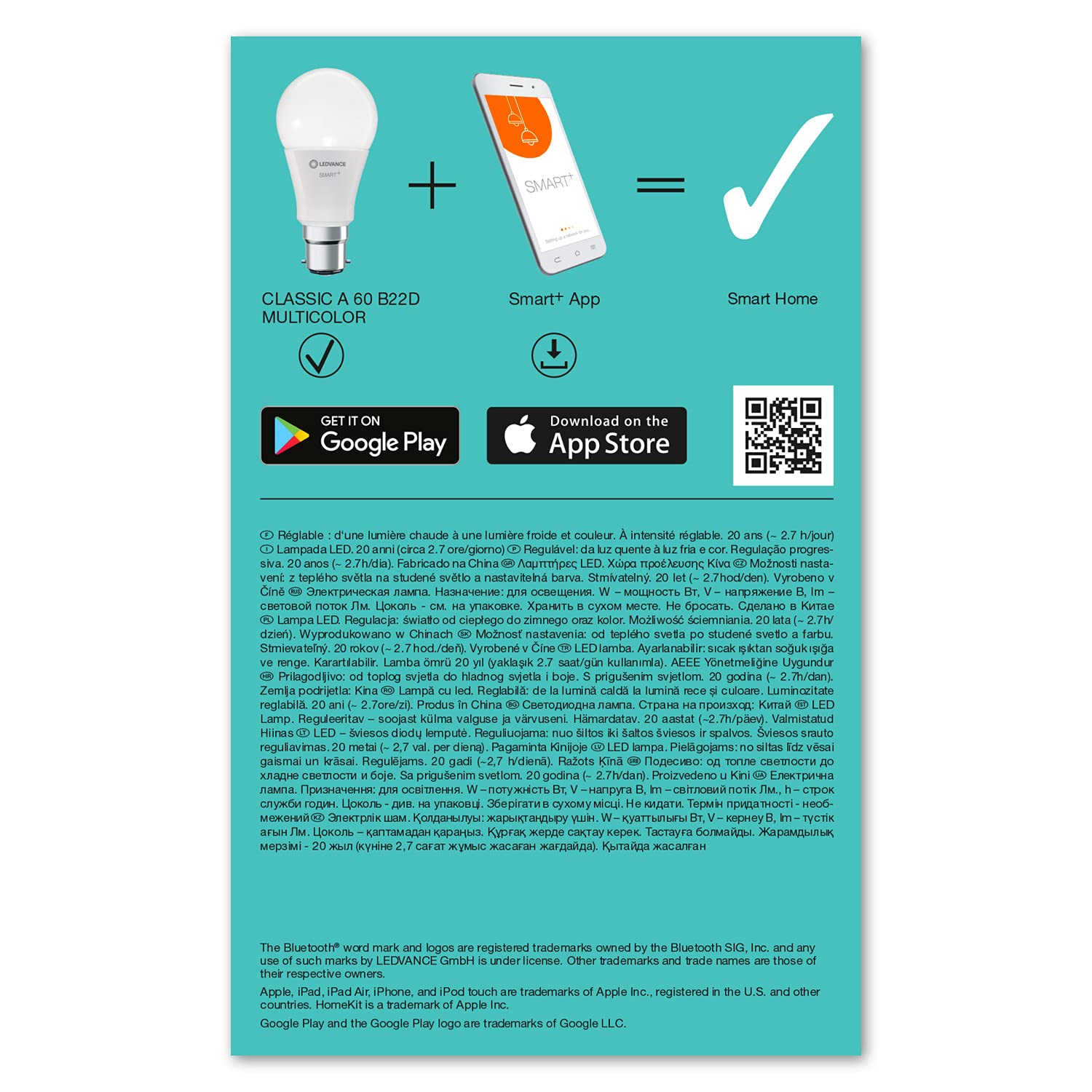 LEDVANCE Lámpara Smart LED con Bluetooth, B22d, color de luz cambiante (2700-6500K) y RGB cambiables, reemplaza las lámparas incandescentes con 60W, controlable con Alexa, Google y Apple, paquete de 4