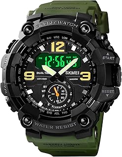 Relógio esportivo digital masculino Classic 5ATM Relógio esportivo à prova d'água com alarme Cronômetro LED Retroiluminação Relógio de pulso analógico eletrônico de exibição dupla Formato 12/24