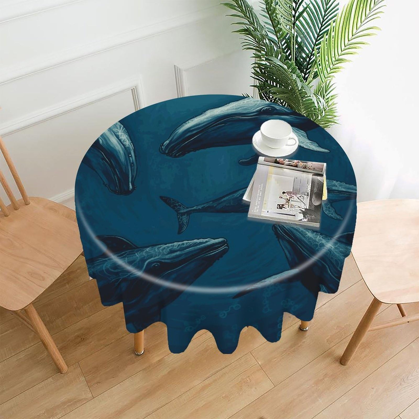 FekiLoot Ocean Whale Round Tablecloth Cover 60 Inch Wrinkle Free Washable Polyester Fabric Table Cover Decorative Round Table Cloth for Home Dining Kitchen Party Farmhouse