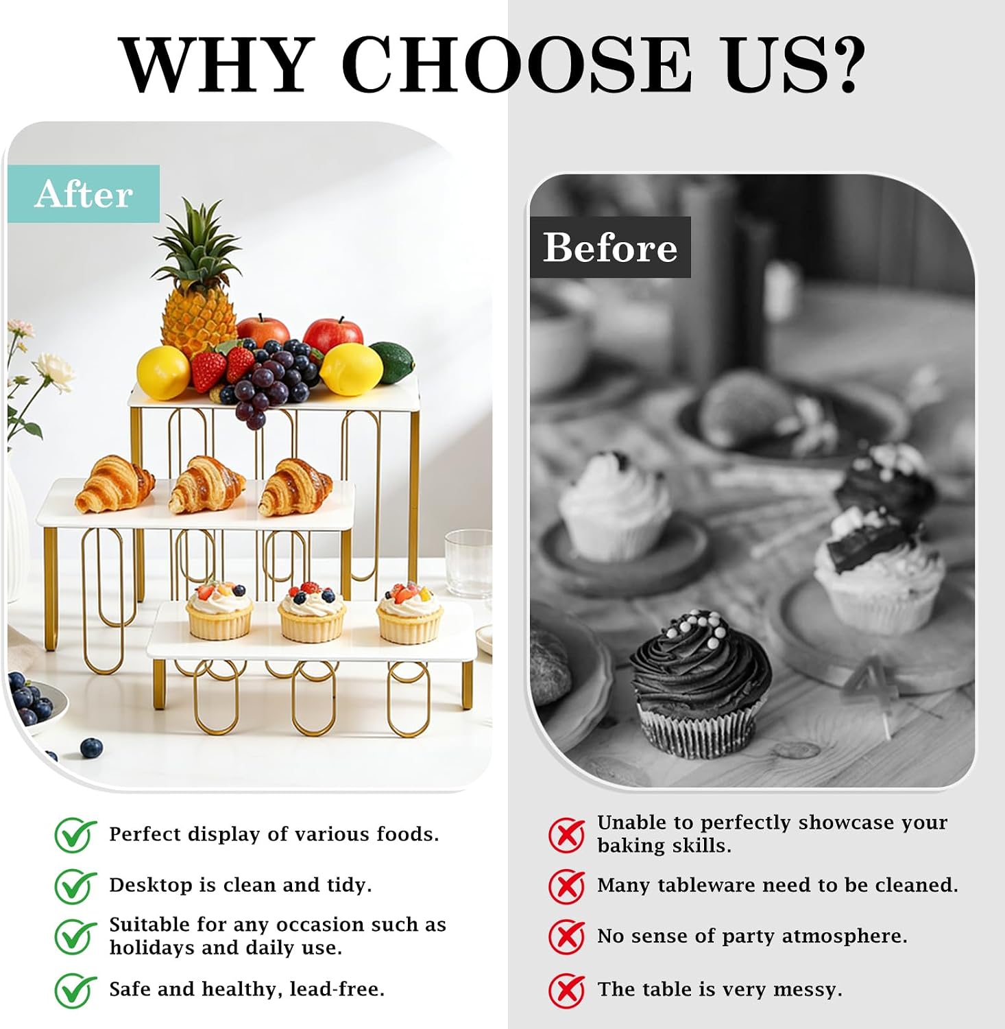 15 in 3 Tier Serving Tray Stand, White Acrylic Trays with Gold Painted Iron Rack for Cupcakes, Appetizers, Fruit and Parties