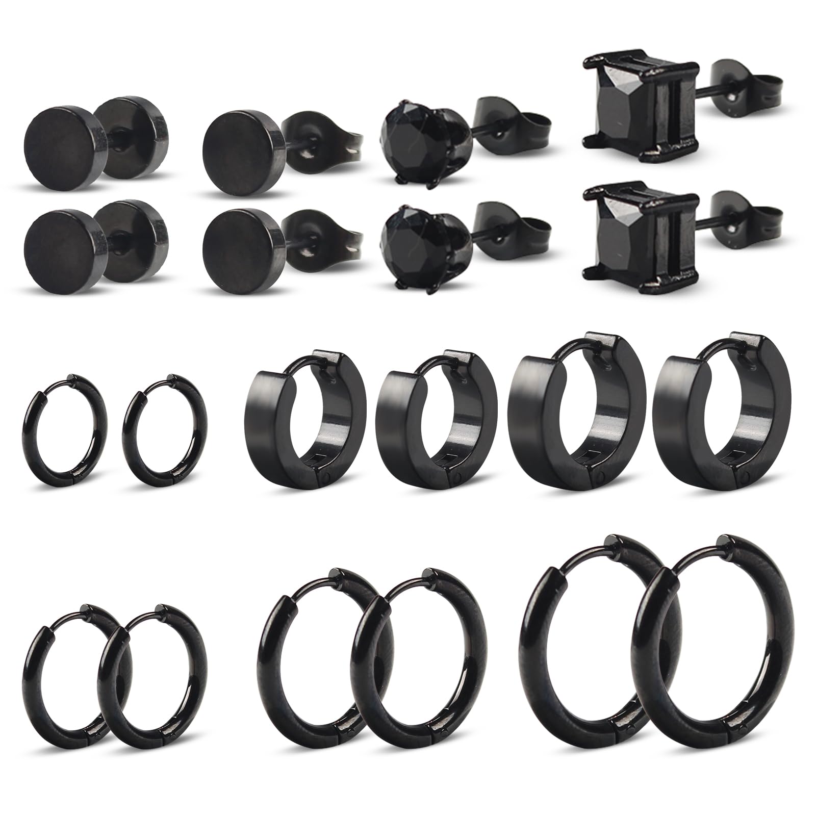 TAIHOBO 10 Pares de Pendientes Hombre Acero Inoxidable, Pendientes Aro Hombre Mujer Hipoalergenicos, Pendiente Hombre Square Cubic Circonita, Piercing Oreja Aretes para Hombre Negro