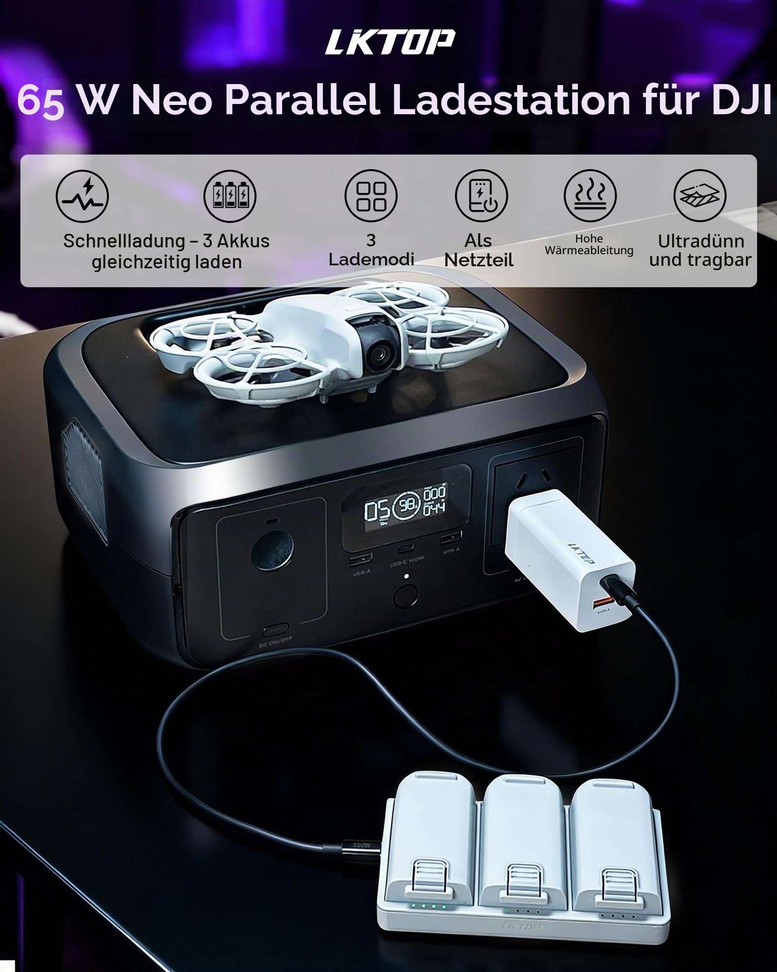 LKTOP Ersatz DJI Neo Zwei-Wege-Ladehub, 65W Schnellladegerät USB-C Power Adapter für DJI Neo Drohne Zubehör, mit Speicher-/Ausgangsmodus C auf C Kabel (Parallel Charge 3 Batterien:45min)