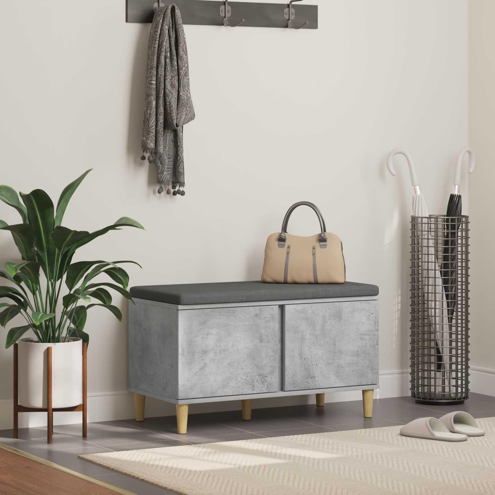 Banc de couloir avec coussin et espace de rangement moderne gris béton 80cm