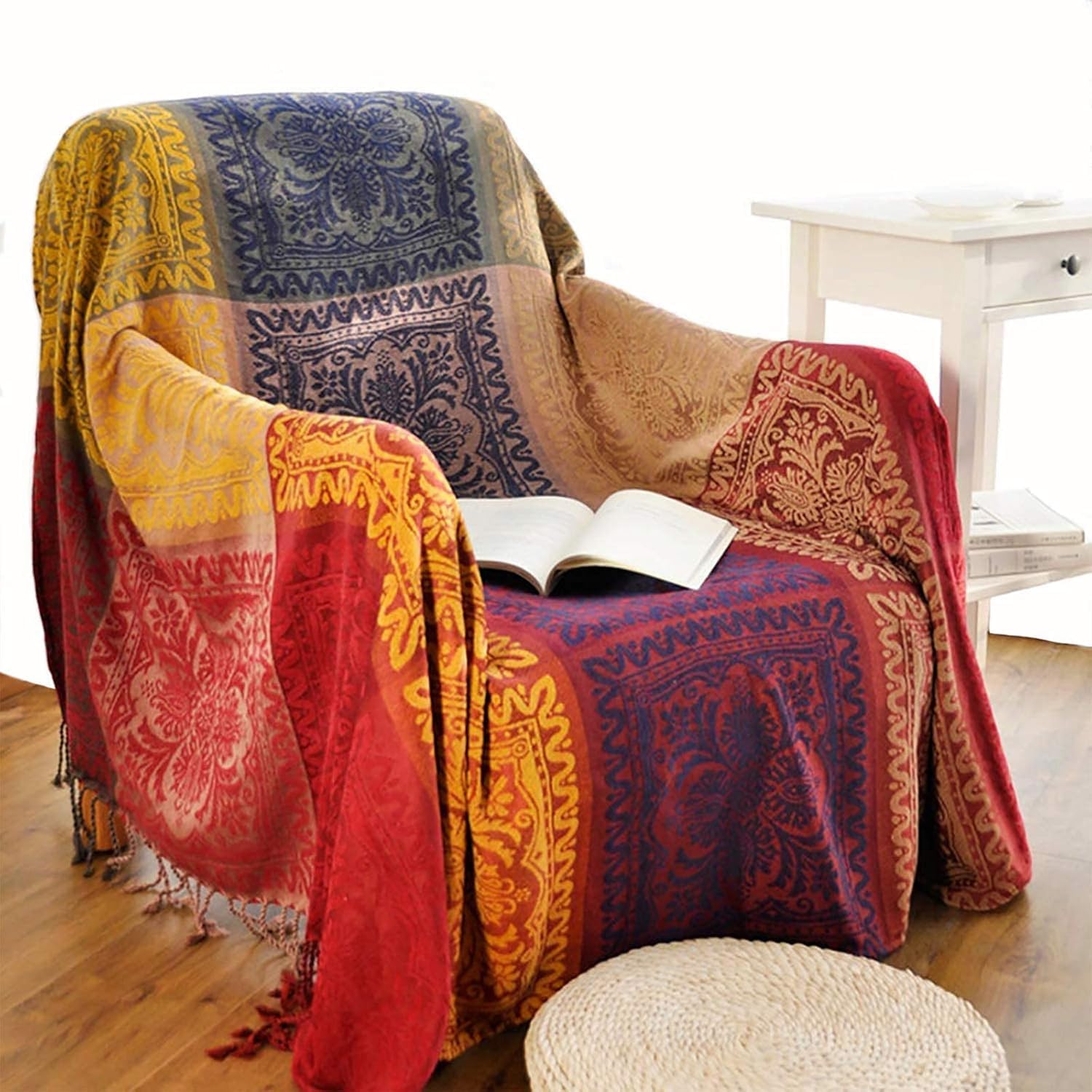 amorus Bohemian Throw Blankets Chenille Jacquard Tassels Soft Chair Cover for Bed Couch Decorative Sofa Throw Blankets - Colorful Tribal Pattern (Red, 60x75 Inches)