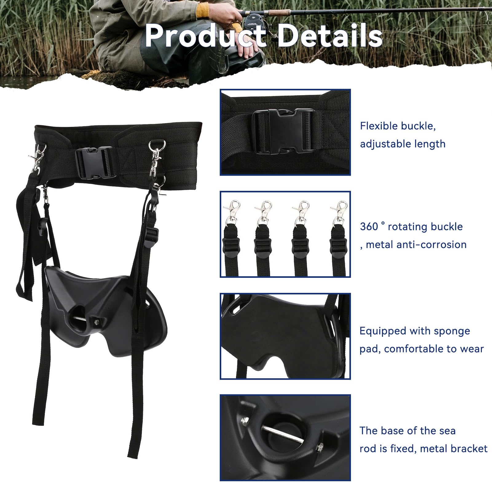 Agatige Ceinture de Combat pour Canne à pêche, Harnais d'épaule Ceinture pêche Support de Canne à pêche réglable Ceinture de Taille Ceinture de Fixation de Canne à pêche Baudrier de Peche (Noir)