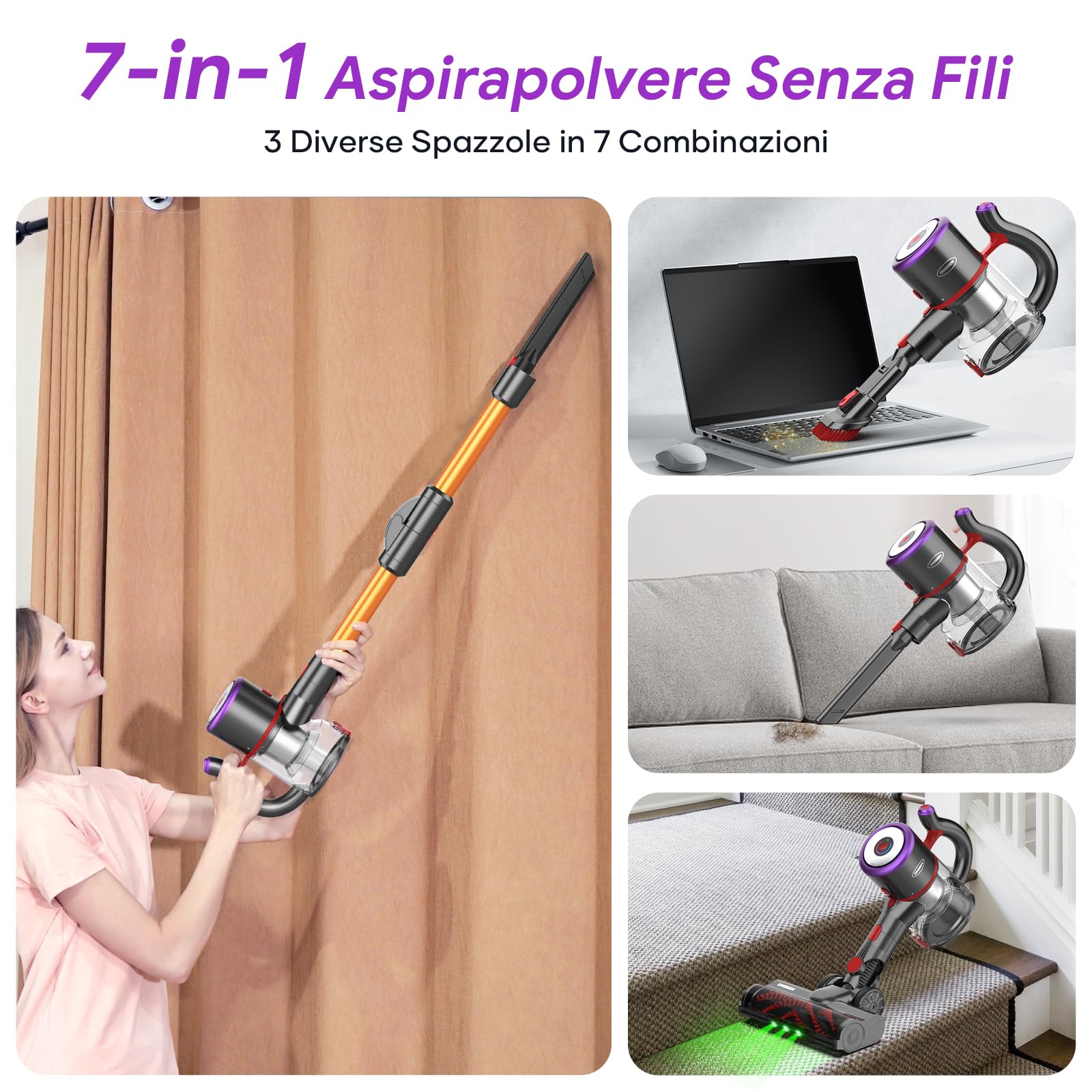 ONSEEN Aspirapolvere Senza Fili, 450W 30KPa Scopa Elettrica Senza Fili Potente, 7 in 1 Leggero Aspirapolvere Autonomia 50 Minuti, 180°Pieghevole Tubo, M81