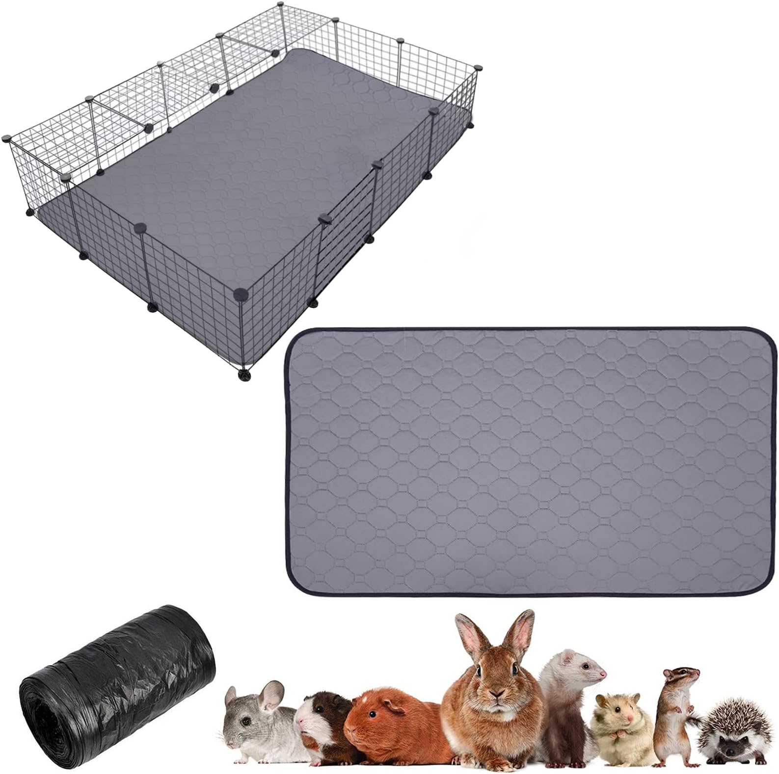 BNOSDM Guinea Pig Cage Liner Set Large Washable Hamster Fleece Bedding 55.1" x 39.3" Reusable Bunny Pee Pads with Garbage Bag Super Absorbent Small Animals Mats for Rabbits Chinchilla Hedgehog
