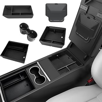 5 Pieces Accessories for Tesla Model Y 2025-2026 Juniper Centre Console Organiser Armrest Storage Box Silicone Organiser Tray Hidden Box and Drink Holder Flocking Black