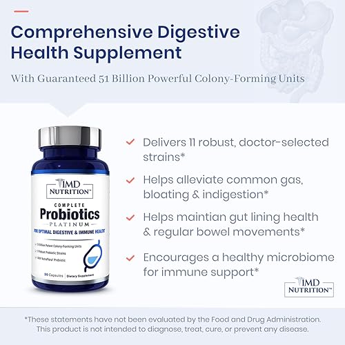 Miniatura 4 de 1MD Complete Probiotics Platinum  Apoya la salud digestiva  con prebióticos nutritivos, 51 mil millones de UFC vivos, 11 cepas, sin lácteos  30