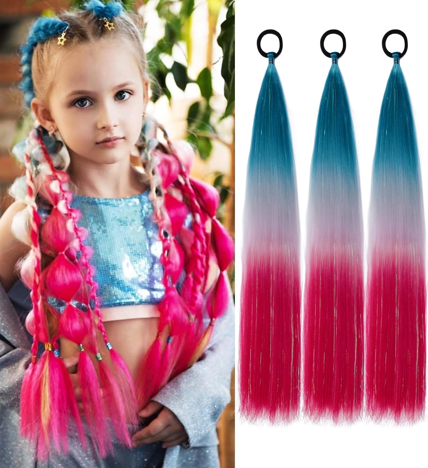 PORSMEER 3 Packs Ponytail Extension 24 inch Colored Hair Extensions for Braiding Rainbow Pony Tail Hair Extensions for Braids with Hair Tie Glitter Hair for Festival/Party,Green to Silver Grey to Red