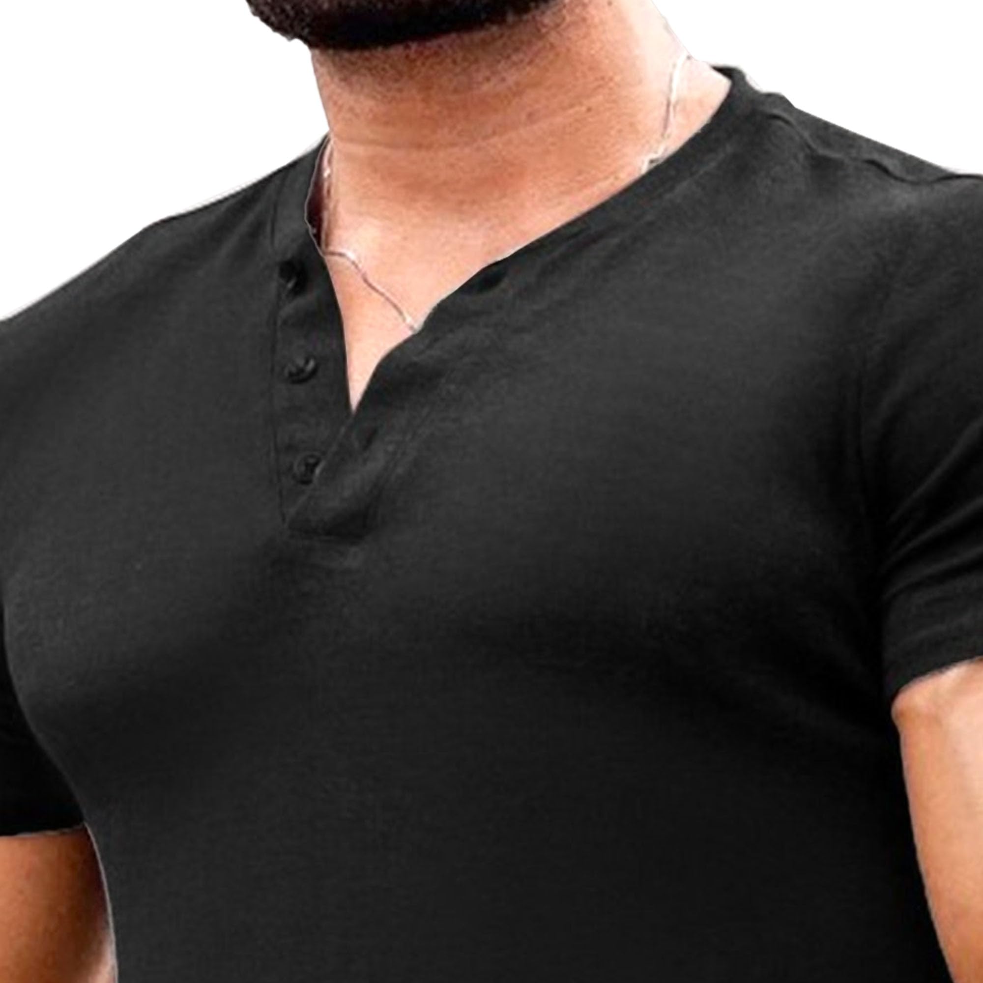 Men Round Neck Slim Fit Solid T-Shirt Short Sleeve Quarter Button Street Shirt Summer Classic Cozy Breathable Tops (Black,Medium)
