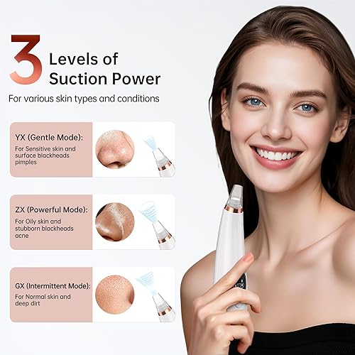 Miniatura 5 de Aspiradora de poros para eliminar puntos negros, limpiador facial de poros con 3 niveles de succión ajustables, 6 sondas, herramientas extractoras
