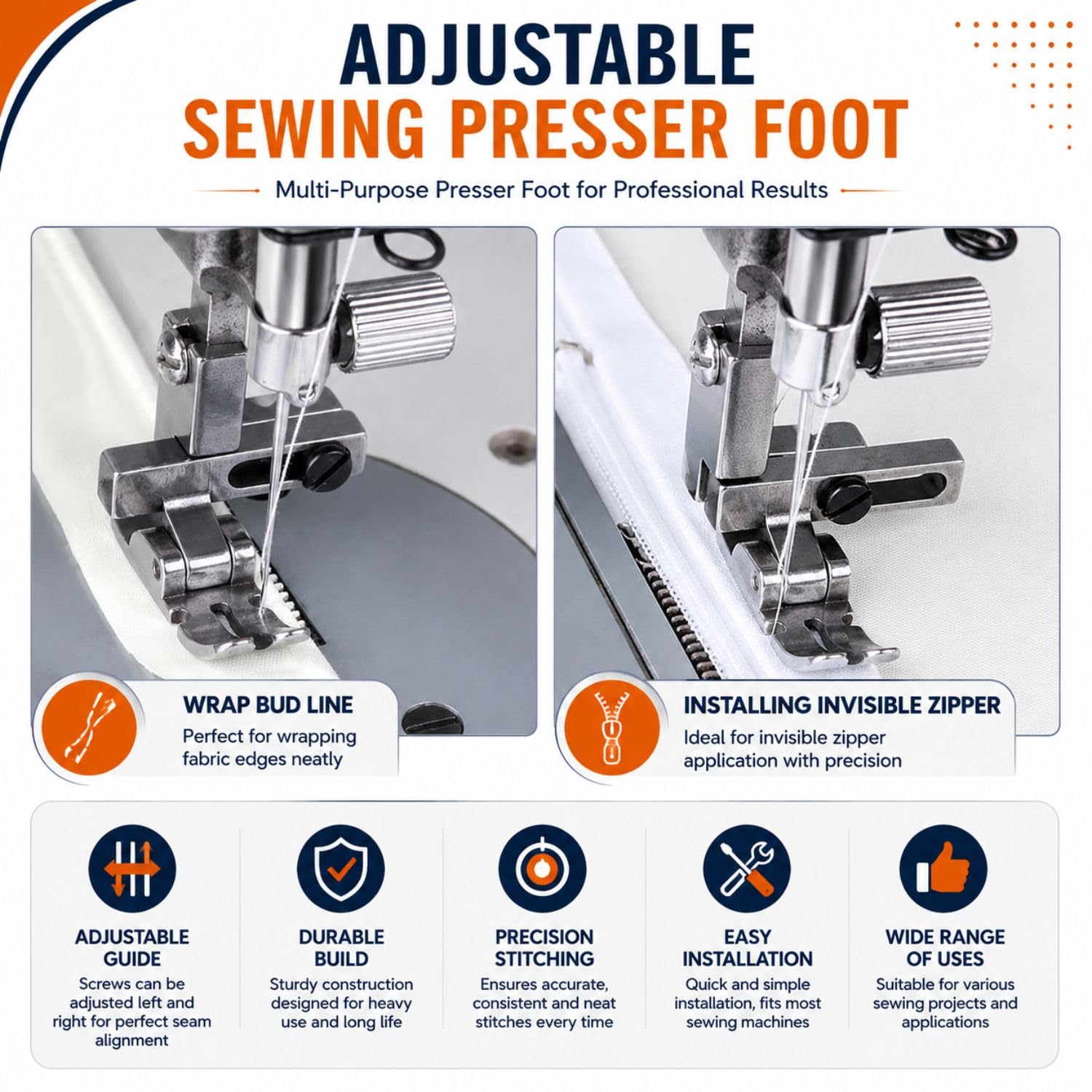 Gemsy T3 Presser Foot for Industrial Sewing Machine, Adjustable Universal Sewing Machine Presser Foot for Single Needle High Speed Lockstitch Machines Zipper, Edge Stitching & Sewing Attachment — Amazon image 5