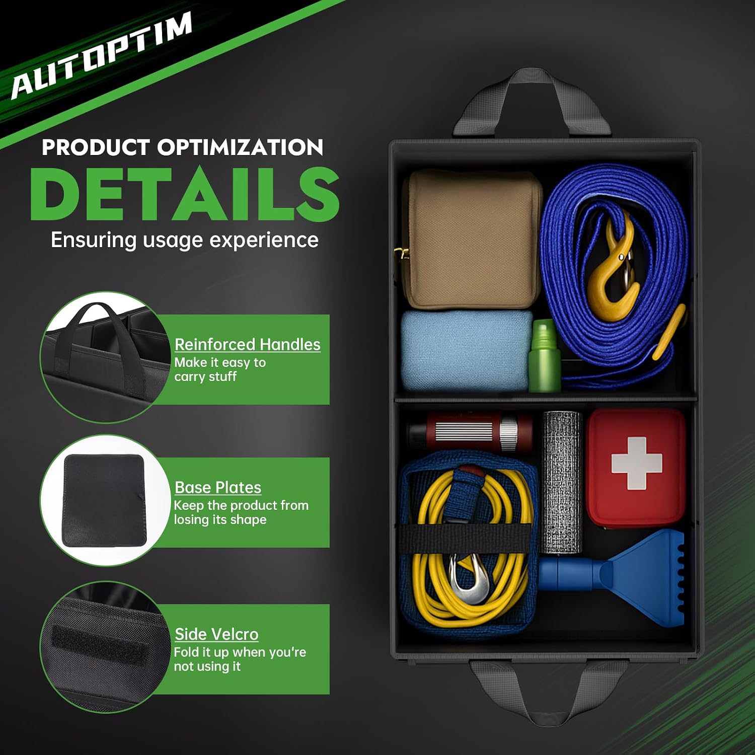 AUTOPTIM Car Trunk Organizer - 65L Collapsible Car Organizer with Non Slip Bottom & Multiple Pockets for Groceries, Trunk Storage with Base Panel for SUV Sedan Van, 2 Compartments (Black, Medium)
