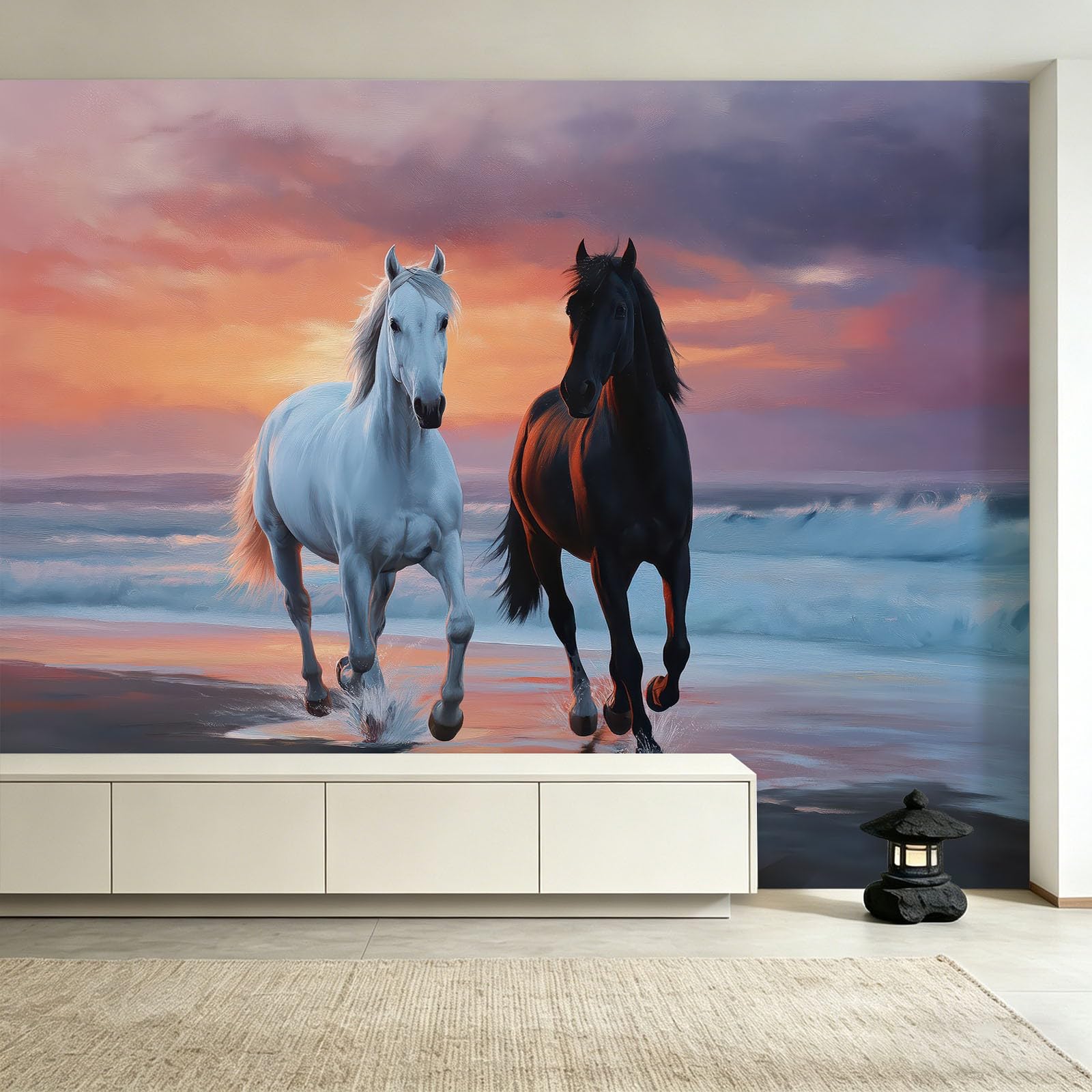 Vlies Fototapete Landschaftsmalerei Natürliche Harmonie 350x256 cm Braunes Pferd Sonnenuntergang Strand Foto Tapete für Büro Hauptwand Wohnzimmer Dekoration Sportclub - Vliestapete Wand Dekoration